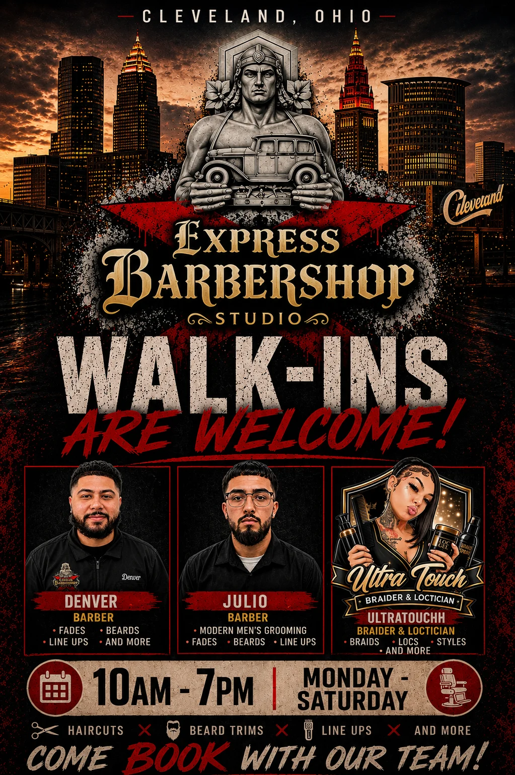 X Express Barbershop Studio walk-ins welcome flyer featuring Denver, Julio, and Jazz of Ultra Touch